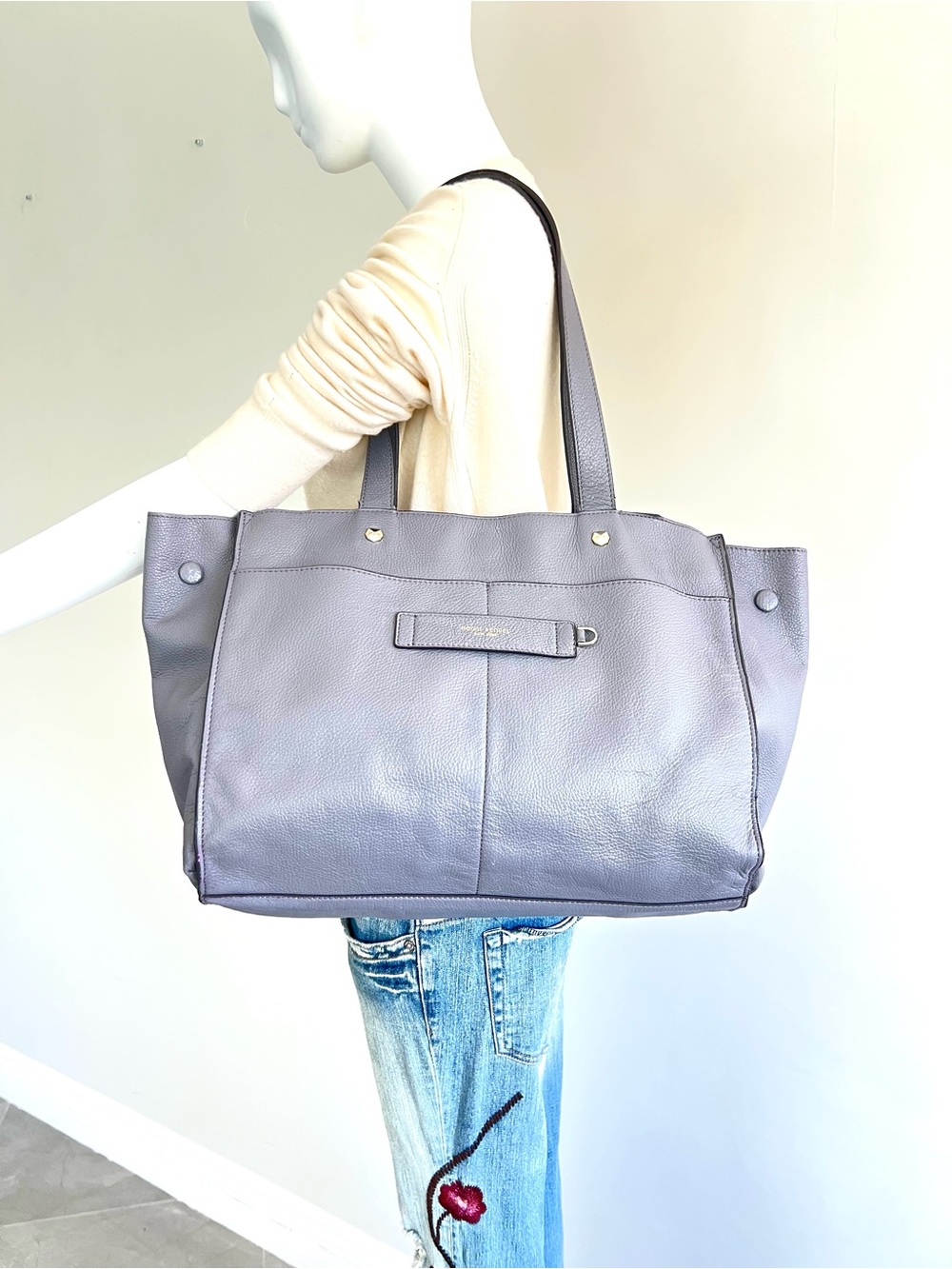HENRI BENDEL Gray Pebbled Leather Top Handle Spacious Large Shoulder Bag Tote